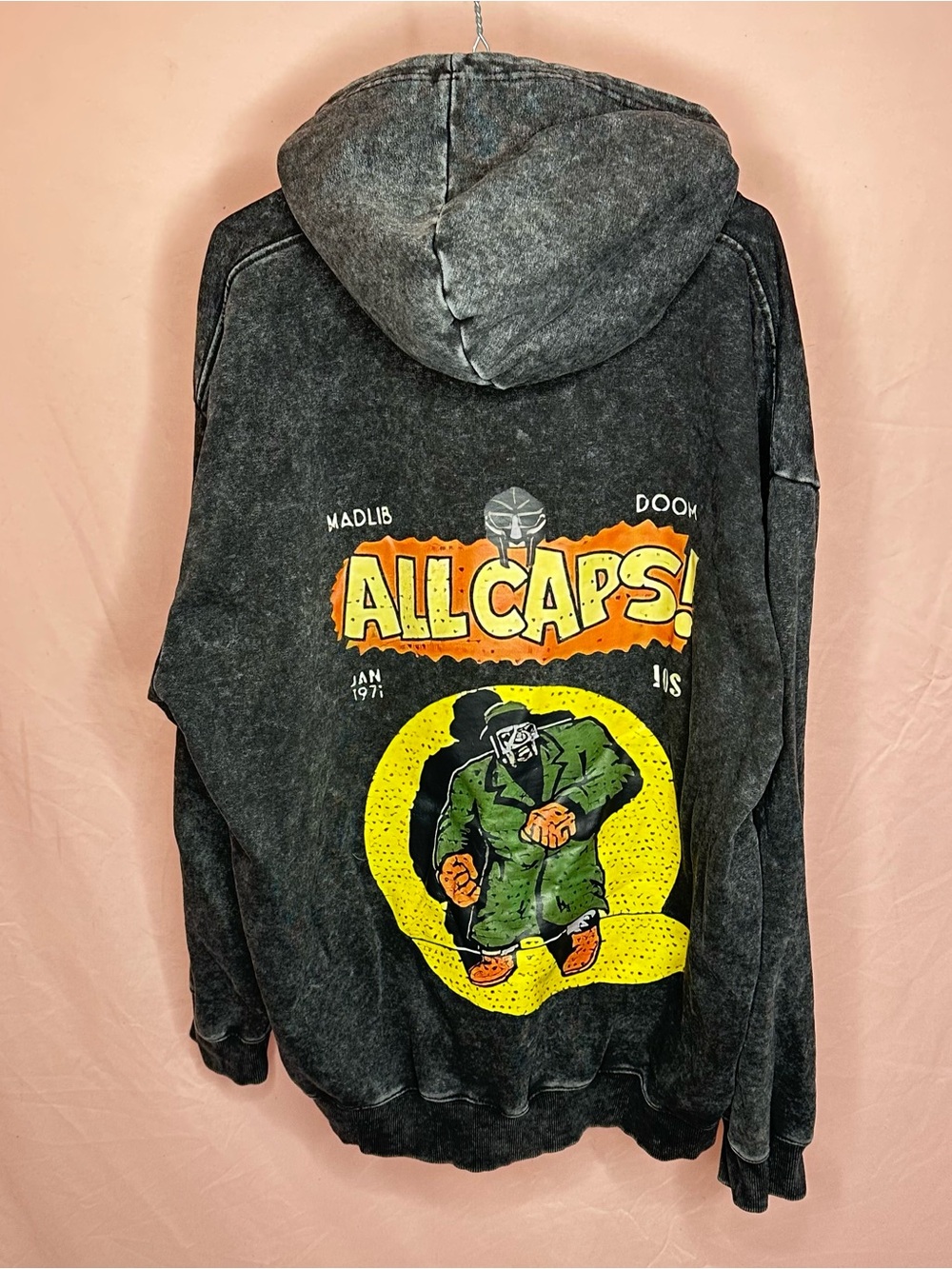 All Caps! MF Doom Graphic Hoodie - Black Vintage Wash 2XL